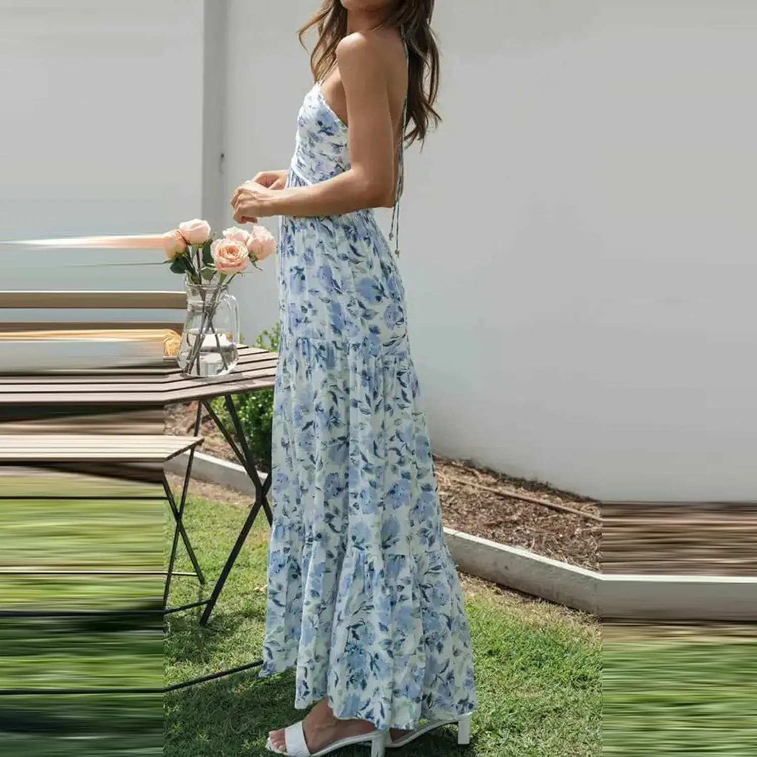 Women's Suspender V Neck Long Patchwork Dress Temperament Off Shoulder Casual Dresses Cute Summer Cute Winter Dresses