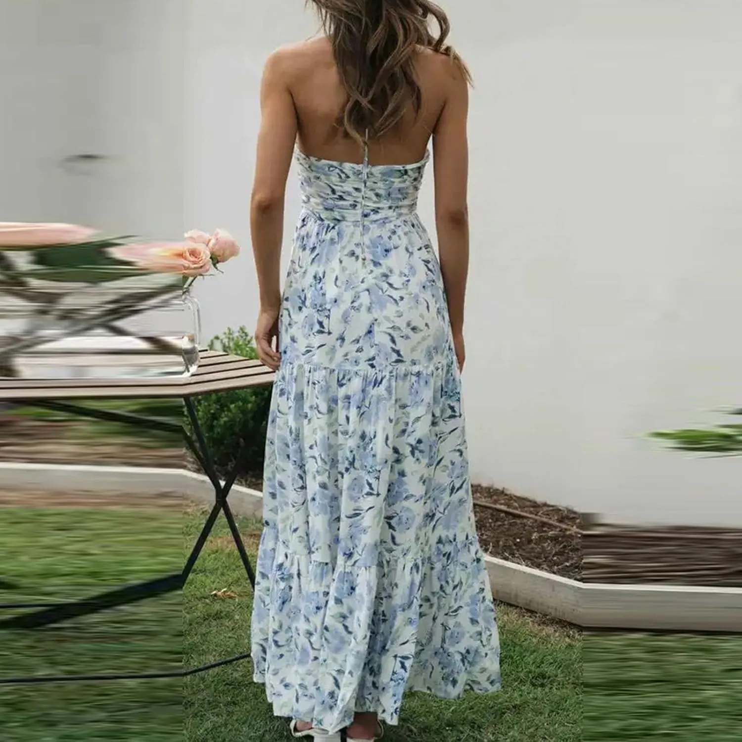 Women's Suspender V Neck Long Patchwork Dress Temperament Off Shoulder Casual Dresses Cute Summer Cute Winter Dresses