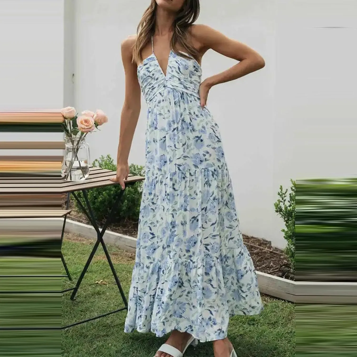 Women's Suspender V Neck Long Patchwork Dress Temperament Off Shoulder Casual Dresses Cute Summer Cute Winter Dresses