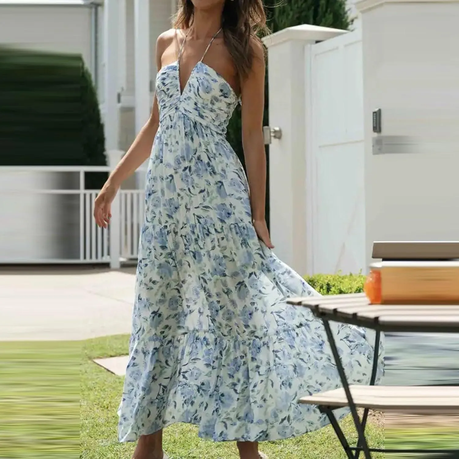 Women's Suspender V Neck Long Patchwork Dress Temperament Off Shoulder Casual Dresses Cute Summer Cute Winter Dresses