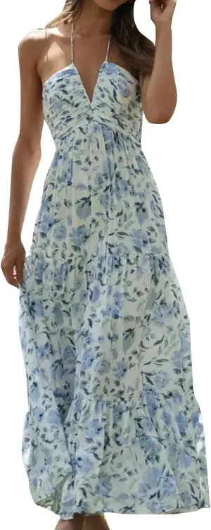 Women's Suspender V Neck Long Patchwork Dress Temperament Off Shoulder Casual Dresses Cute Summer Cute Winter Dresses