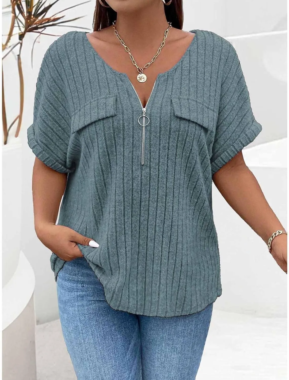 Womens Top Dressy Casual Short Sleeve Blouses V Neck Shirts 2025 Trendy Summer Loose Fit Zip-up Work Layering Shirts