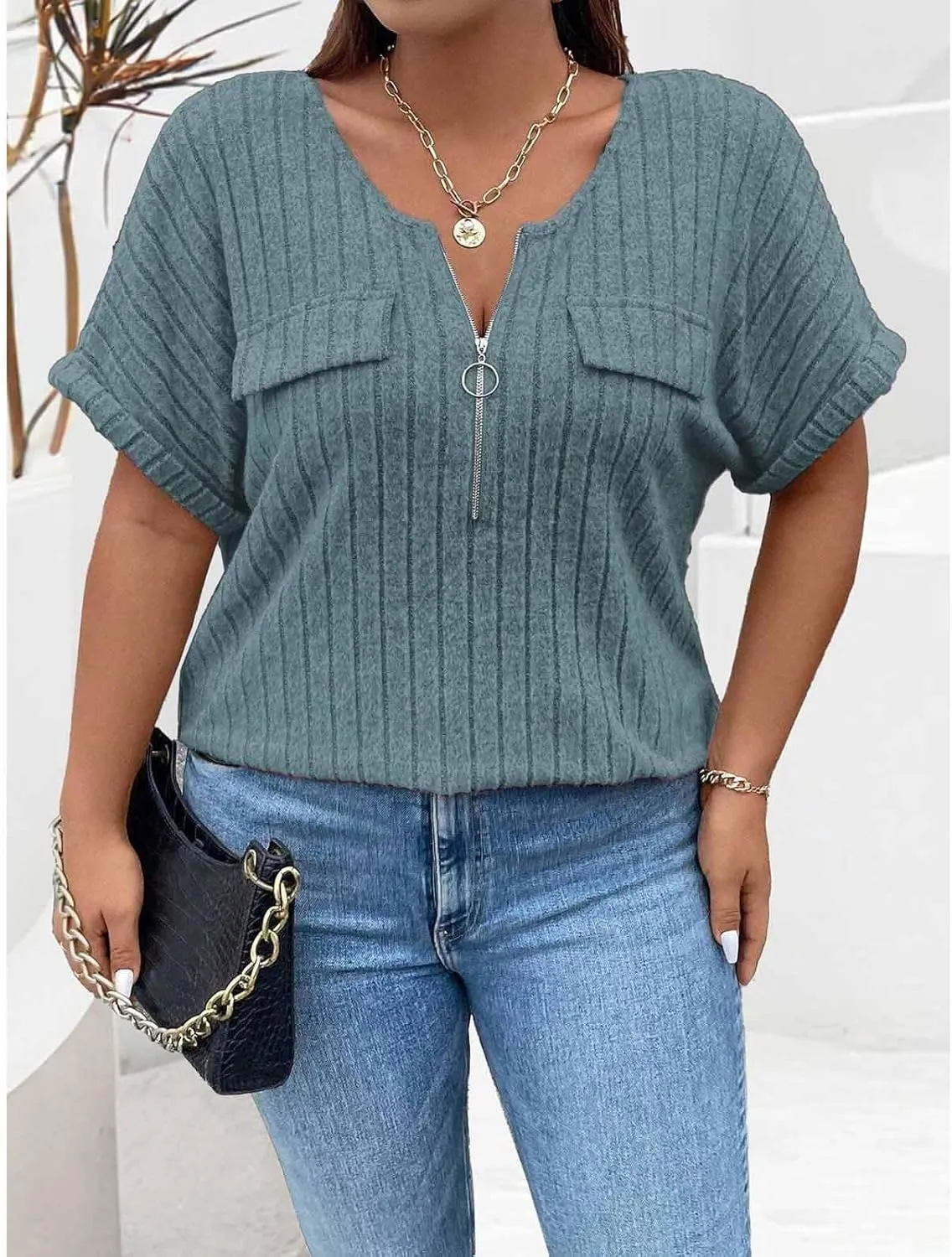 Womens Top Dressy Casual Short Sleeve Blouses V Neck Shirts 2025 Trendy Summer Loose Fit Zip-up Work Layering Shirts
