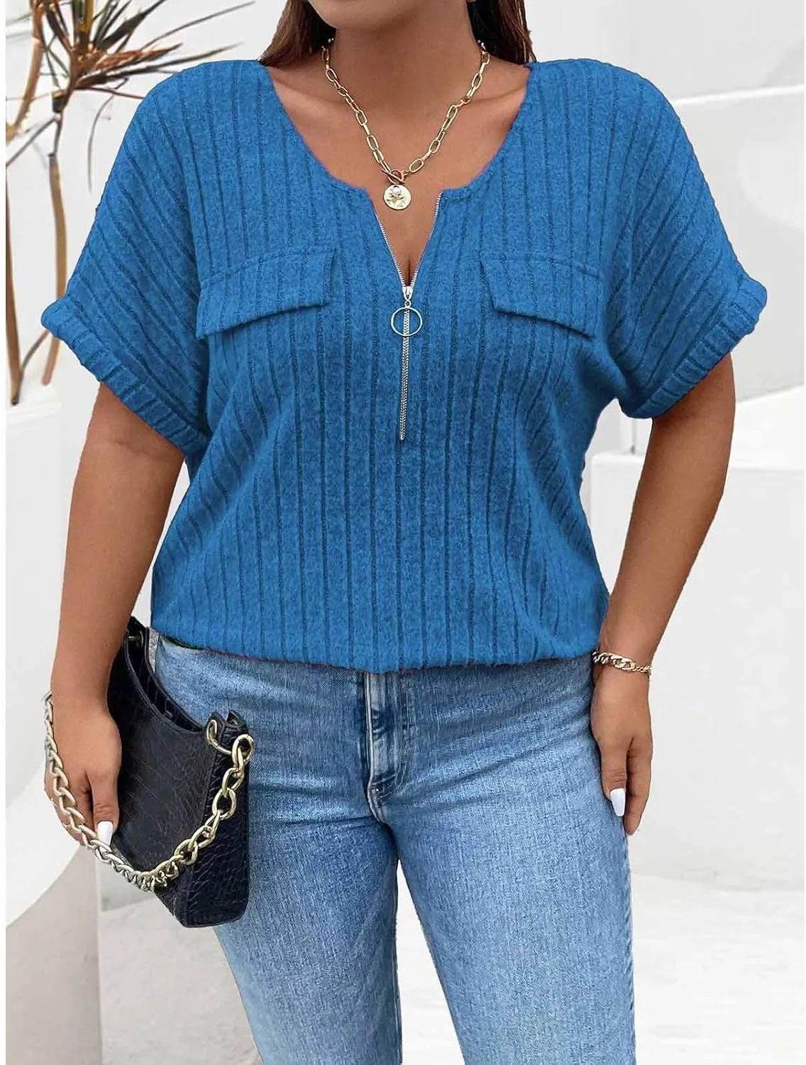 Womens Top Dressy Casual Short Sleeve Blouses V Neck Shirts 2025 Trendy Summer Loose Fit Zip-up Work Layering Shirts