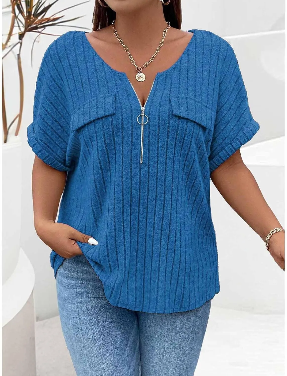 Womens Top Dressy Casual Short Sleeve Blouses V Neck Shirts 2025 Trendy Summer Loose Fit Zip-up Work Layering Shirts
