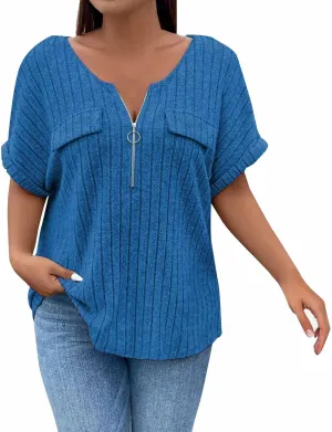 Womens Top Dressy Casual Short Sleeve Blouses V Neck Shirts 2025 Trendy Summer Loose Fit Zip-up Work Layering Shirts