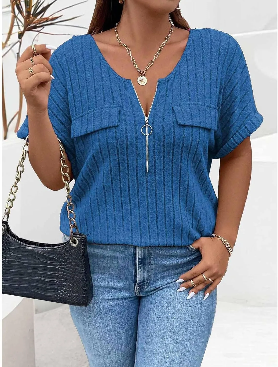 Womens Top Dressy Casual Short Sleeve Blouses V Neck Shirts 2025 Trendy Summer Loose Fit Zip-up Work Layering Shirts