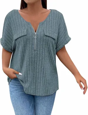 Womens Top Dressy Casual Short Sleeve Blouses V Neck Shirts 2025 Trendy Summer Loose Fit Zip-up Work Layering Shirts