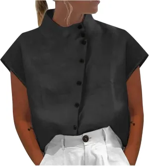 Womens Tshirts Cotton Linen High Neck Cap Sleeve Shirt Summer Fashion Casual Cotton Linen Blouses Trendy Tops