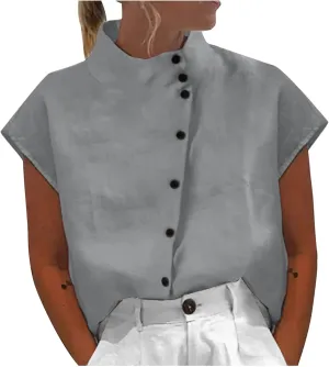 Womens Tshirts Cotton Linen High Neck Cap Sleeve Shirt Summer Fashion Casual Cotton Linen Blouses Trendy Tops