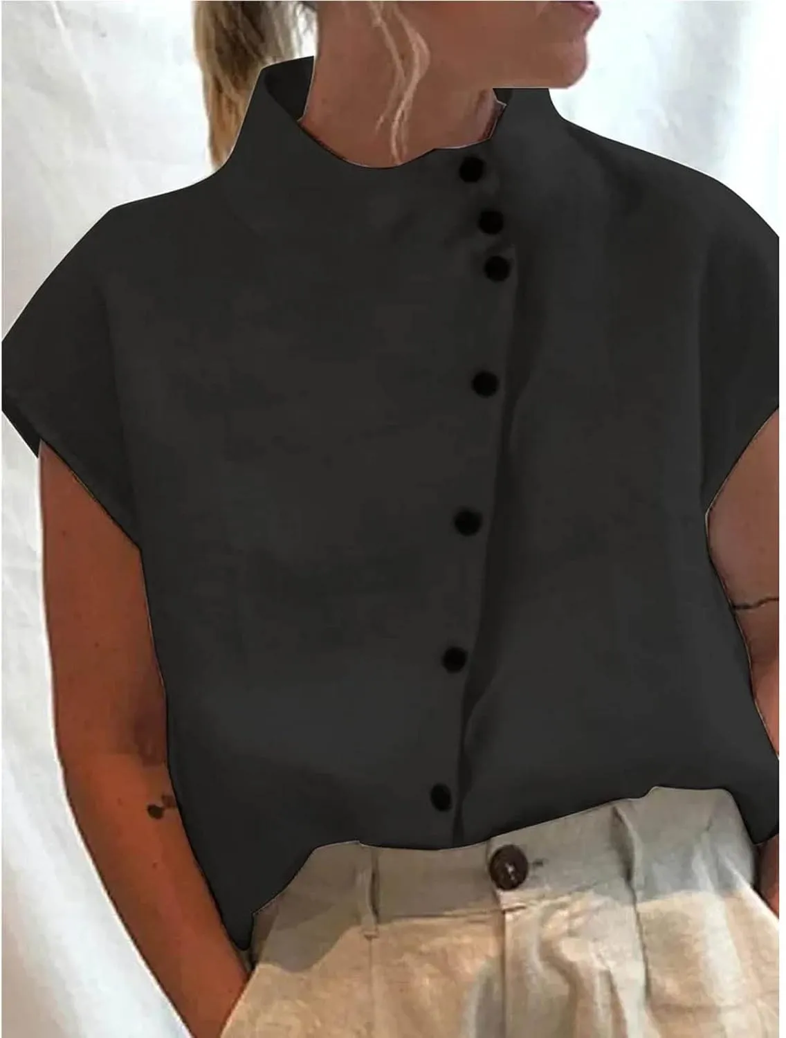 Womens Tshirts Cotton Linen High Neck Cap Sleeve Shirt Summer Fashion Casual Cotton Linen Blouses Trendy Tops