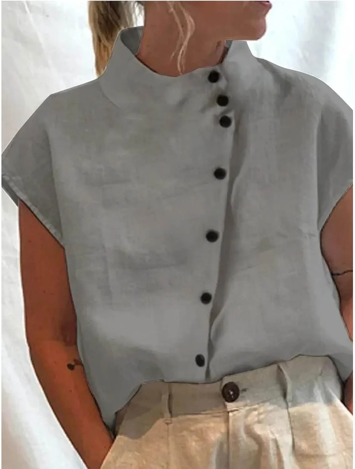 Womens Tshirts Cotton Linen High Neck Cap Sleeve Shirt Summer Fashion Casual Cotton Linen Blouses Trendy Tops