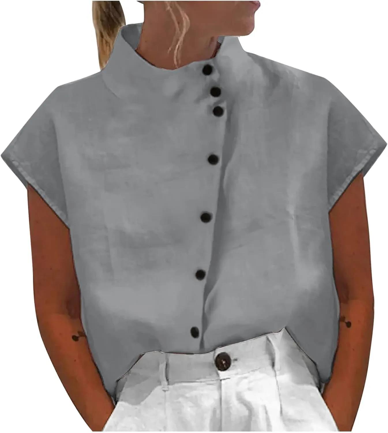 Womens Tshirts Cotton Linen High Neck Cap Sleeve Shirt Summer Fashion Casual Cotton Linen Blouses Trendy Tops