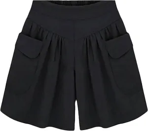 Women's Wide Leg Beach Shorts with Pockets | Elastic Waist Loose Fit Summer Shorts | Plus Size Casual Yoga Running Shorts Black M