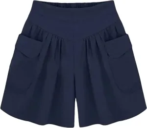 Women's Wide Leg Beach Shorts with Pockets | Elastic Waist Loose Fit Summer Shorts | Plus Size Casual Yoga Running Shorts Navy Blue S