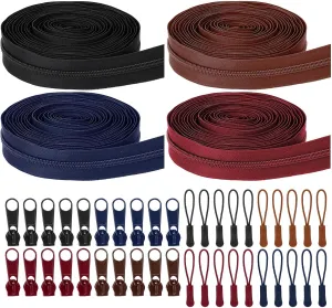 Wonderjune 20 Yards 4 Pcs Zippers for Sewing Bulk #5 Nylon Coil Zippers with 48 Pcs Sliders, Assorted Zipper Extensions Ropes for DIY Sewing Crafts Supplies, Clothes, Bags (Classic)