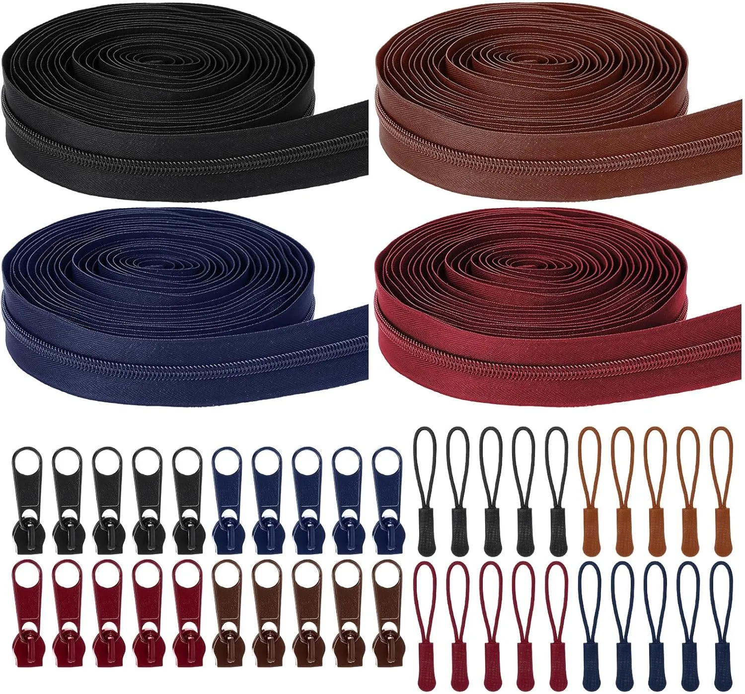 Wonderjune 20 Yards 4 Pcs Zippers for Sewing Bulk #5 Nylon Coil Zippers with 48 Pcs Sliders, Assorted Zipper Extensions Ropes for DIY Sewing Crafts Supplies, Clothes, Bags (Classic)