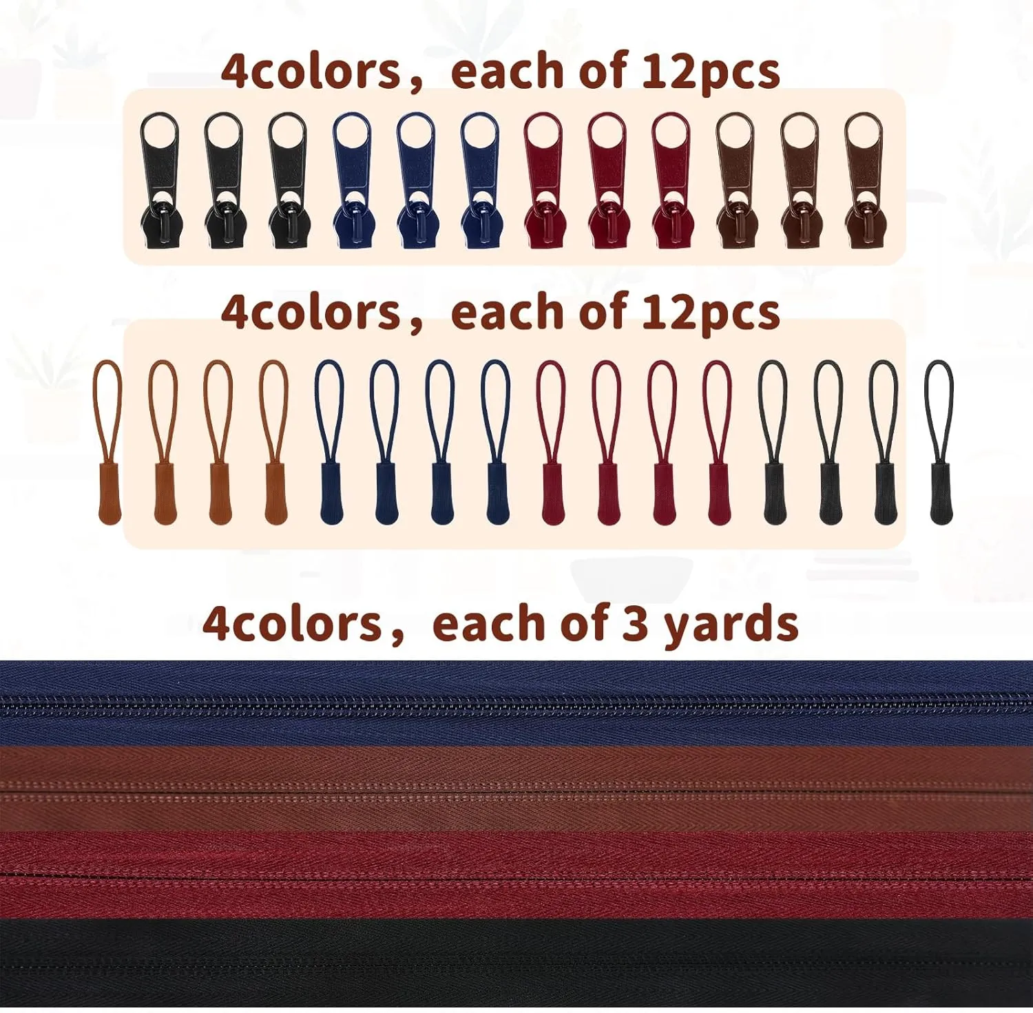 Wonderjune 20 Yards 4 Pcs Zippers for Sewing Bulk #5 Nylon Coil Zippers with 48 Pcs Sliders, Assorted Zipper Extensions Ropes for DIY Sewing Crafts Supplies, Clothes, Bags (Classic)
