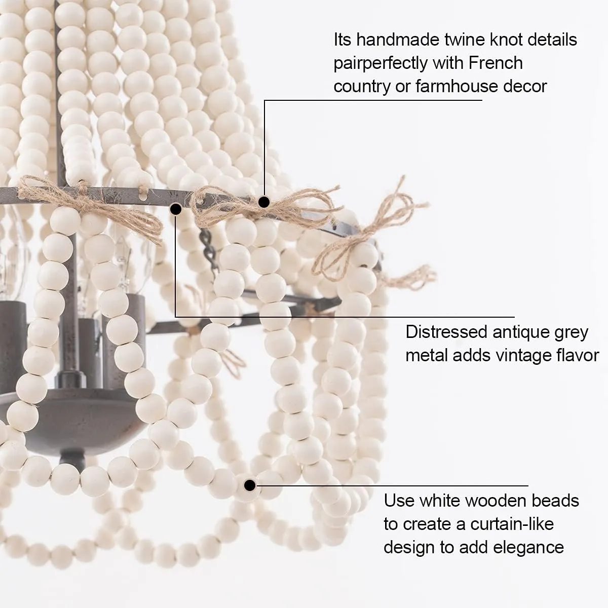 Wood Beaded Chandelier 3-Light Bohemia Pendant Light Fixture Farmhouse Round Hanging Chandelier White Beads with Black Chain for Bedroomn Dining Room Foyer