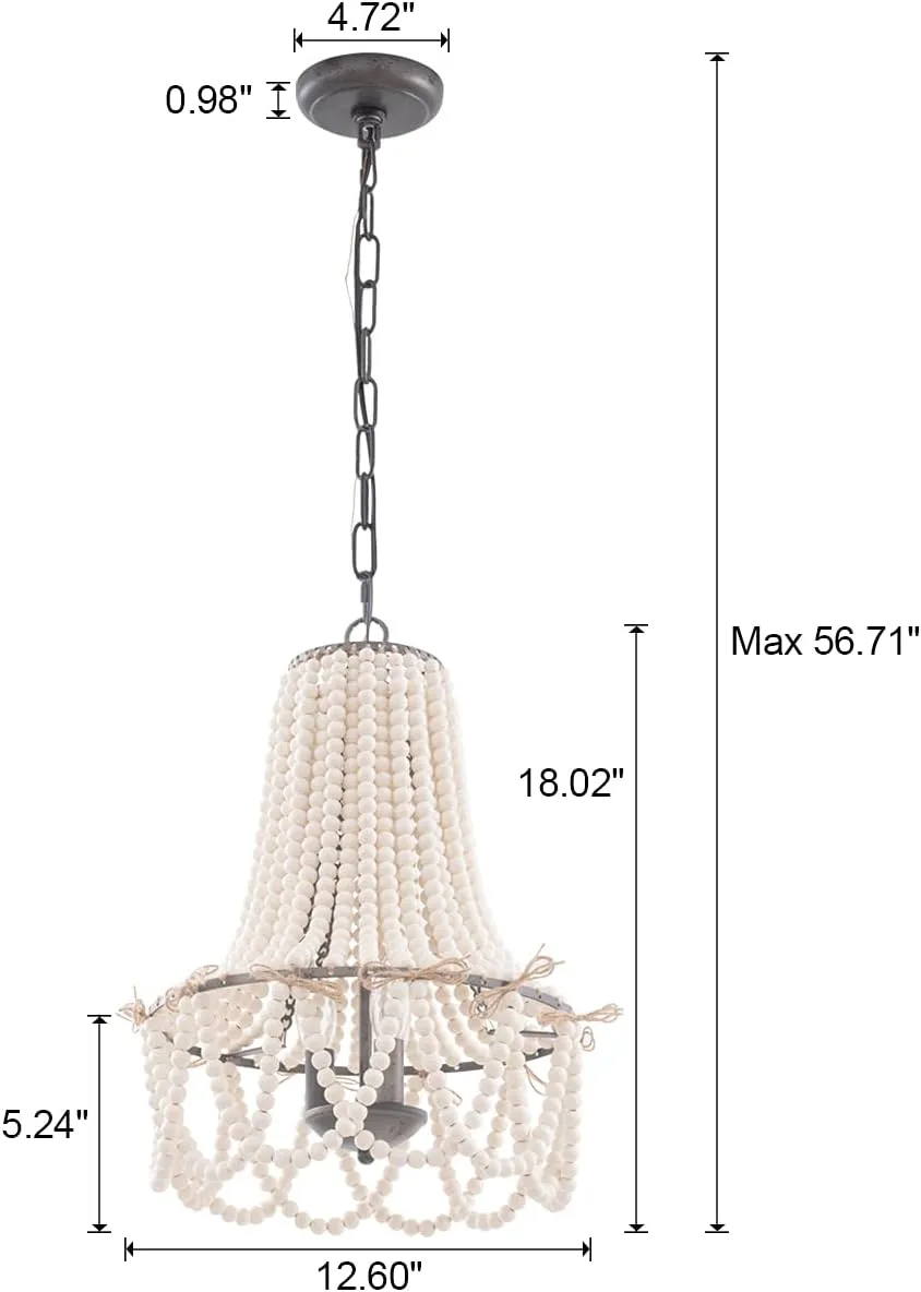 Wood Beaded Chandelier 3-Light Bohemia Pendant Light Fixture Farmhouse Round Hanging Chandelier White Beads with Black Chain for Bedroomn Dining Room Foyer