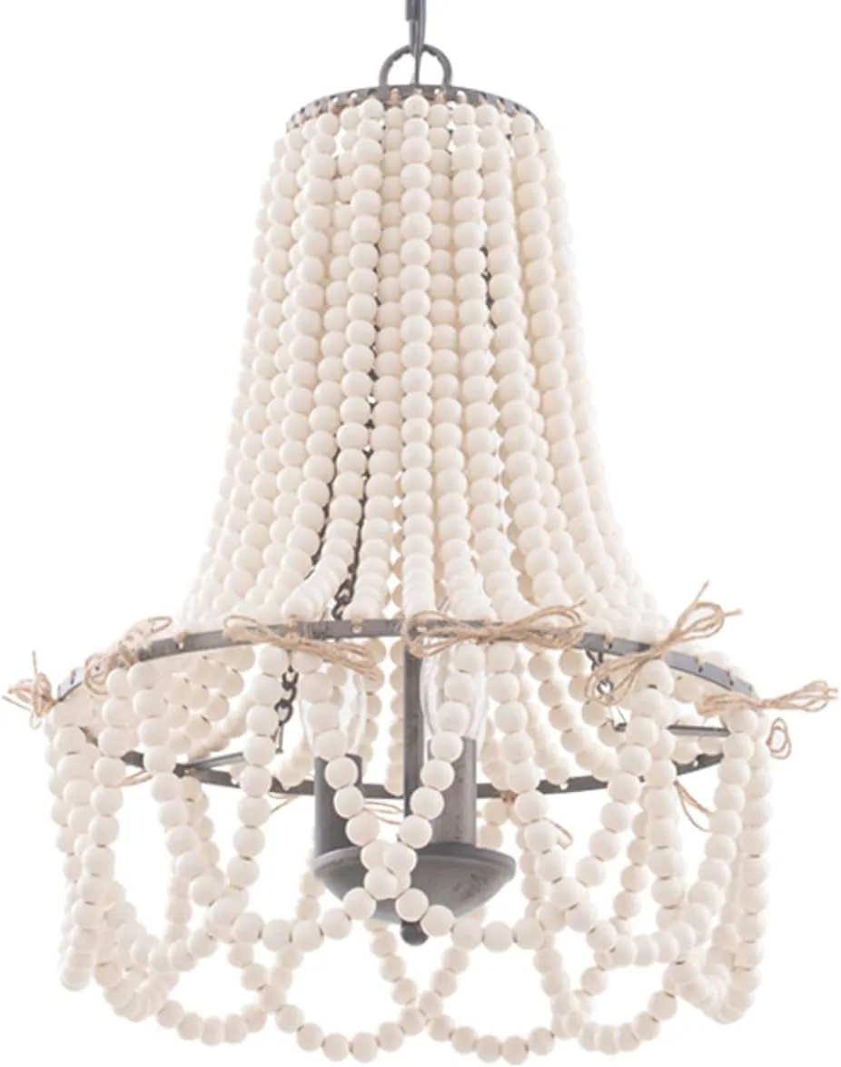 Wood Beaded Chandelier 3-Light Bohemia Pendant Light Fixture Farmhouse Round Hanging Chandelier White Beads with Black Chain for Bedroomn Dining Room Foyer