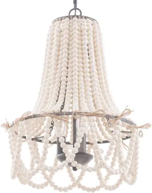 Wood Beaded Chandelier 3-Light Bohemia Pendant Light Fixture Farmhouse Round Hanging Chandelier White Beads with Black Chain for Bedroomn Dining Room Foyer