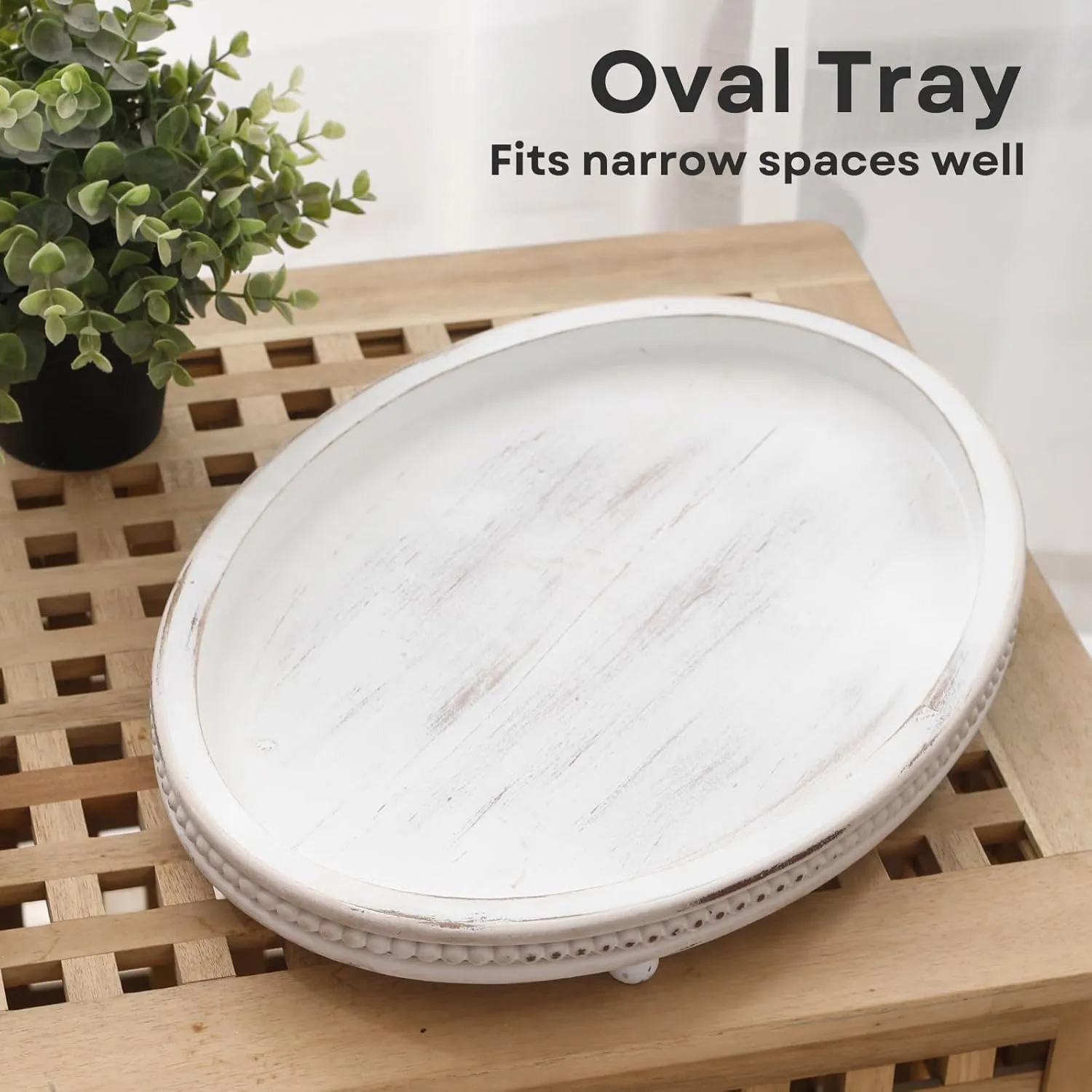 Wooden Oval Decorative Tray for Coffee Table, Kitchen, Dining, Entryway - Small Beaded Farmhouse Centerpiece for Holidays - Weathered White