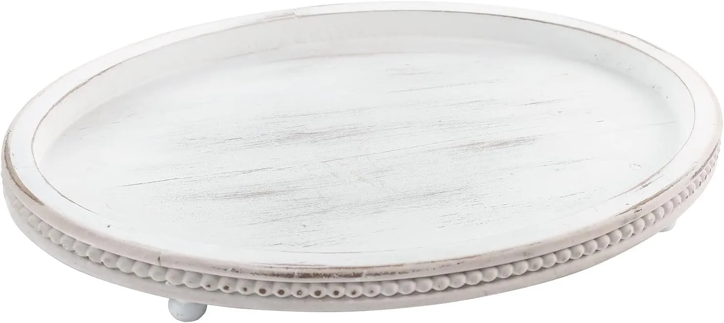 Wooden Oval Decorative Tray for Coffee Table, Kitchen, Dining, Entryway - Small Beaded Farmhouse Centerpiece for Holidays - Weathered White