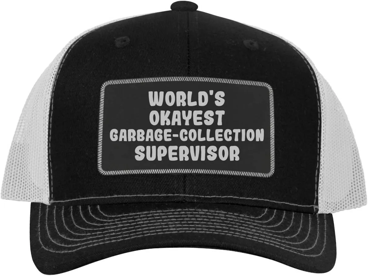 World's Okayest Garbage-Collection Supervisor - Leather Black Patch Engraved Trucker Hat
