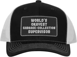 World's Okayest Garbage-Collection Supervisor - Leather Black Patch Engraved Trucker Hat