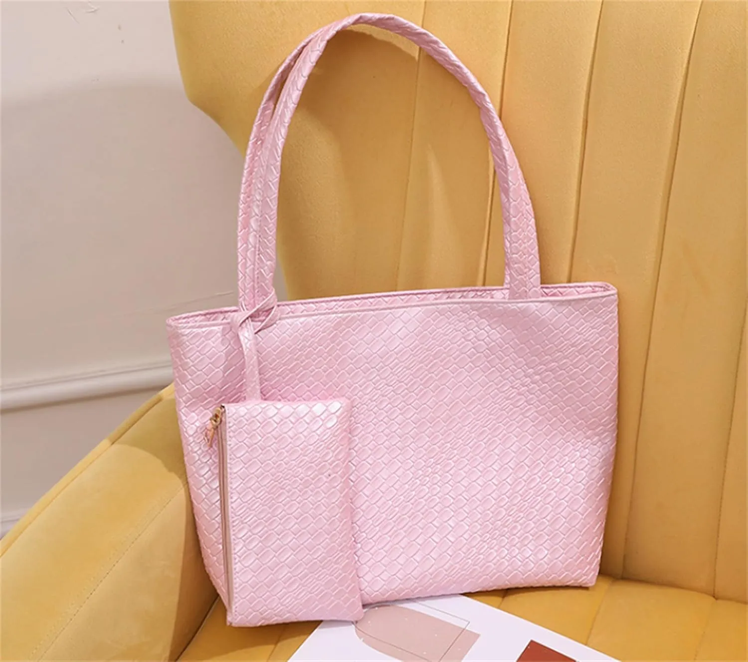 Woven Tote Bags Vegan Leather Purses and Handbags for Women Top Handle Ladies Shoulder Bags 2pc Set