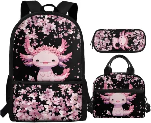 Xhuibop Axolotl Backpack and Lunch Box Set of 3 Cherry Blossom School Bags for Girls 7-10 Kids Bookbag with Lunch Box 17 Inch Pink Book Bags Children School Bag Pencil Case