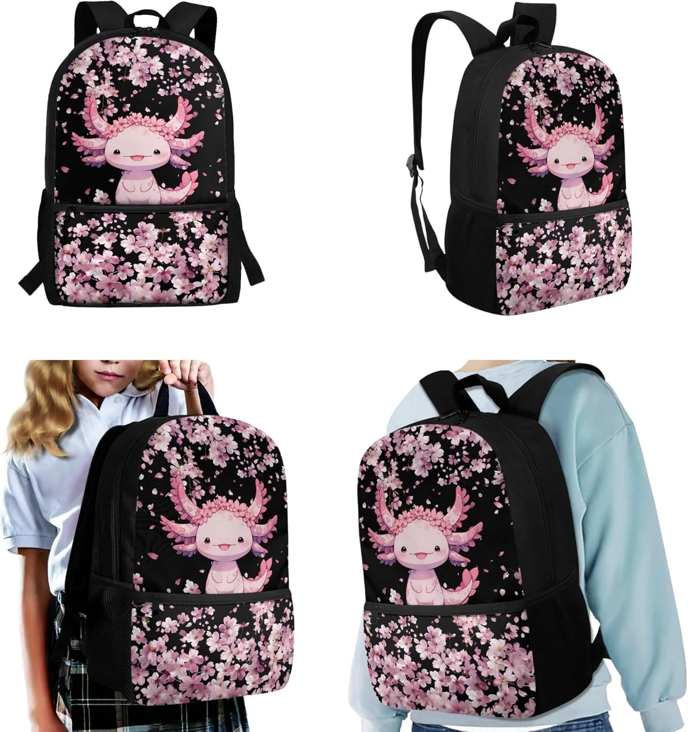 Xhuibop Axolotl Backpack and Lunch Box Set of 3 Cherry Blossom School Bags for Girls 7-10 Kids Bookbag with Lunch Box 17 Inch Pink Book Bags Children School Bag Pencil Case