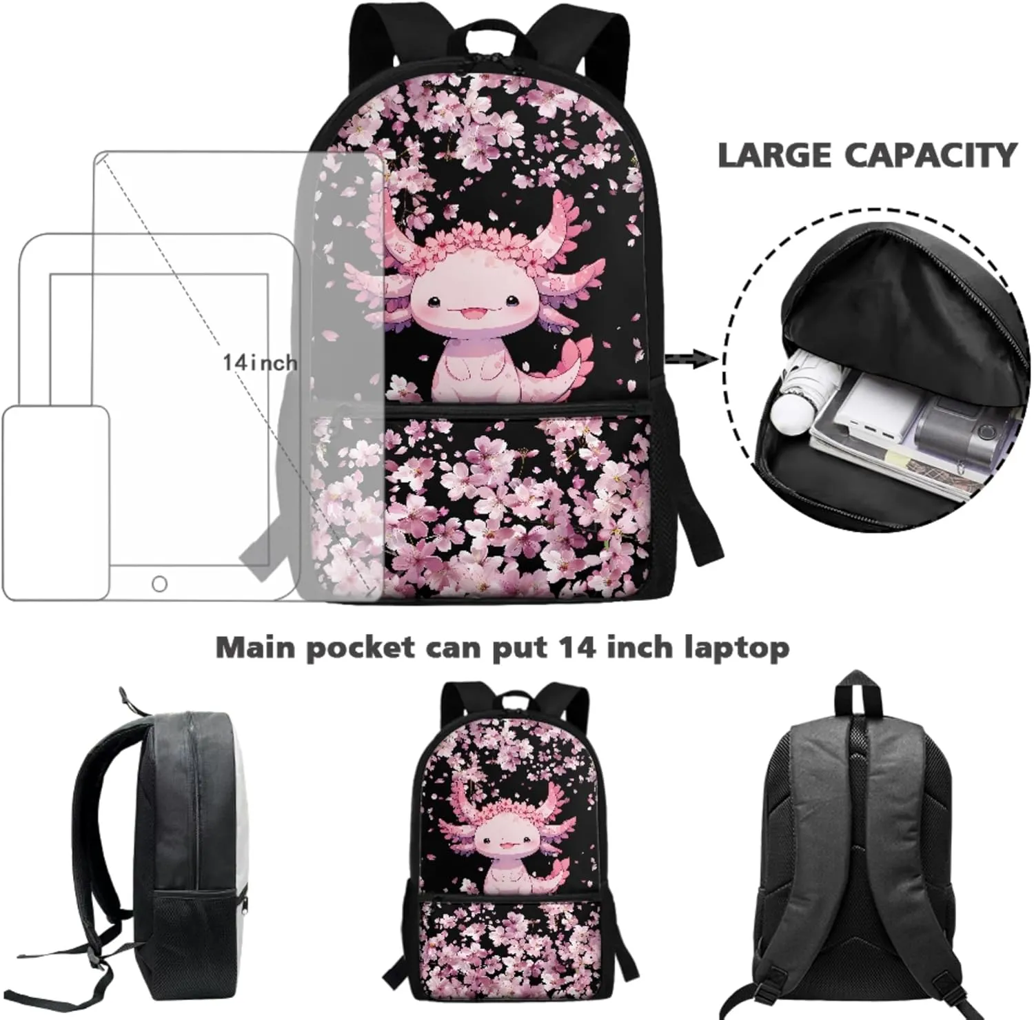 Xhuibop Axolotl Backpack and Lunch Box Set of 3 Cherry Blossom School Bags for Girls 7-10 Kids Bookbag with Lunch Box 17 Inch Pink Book Bags Children School Bag Pencil Case