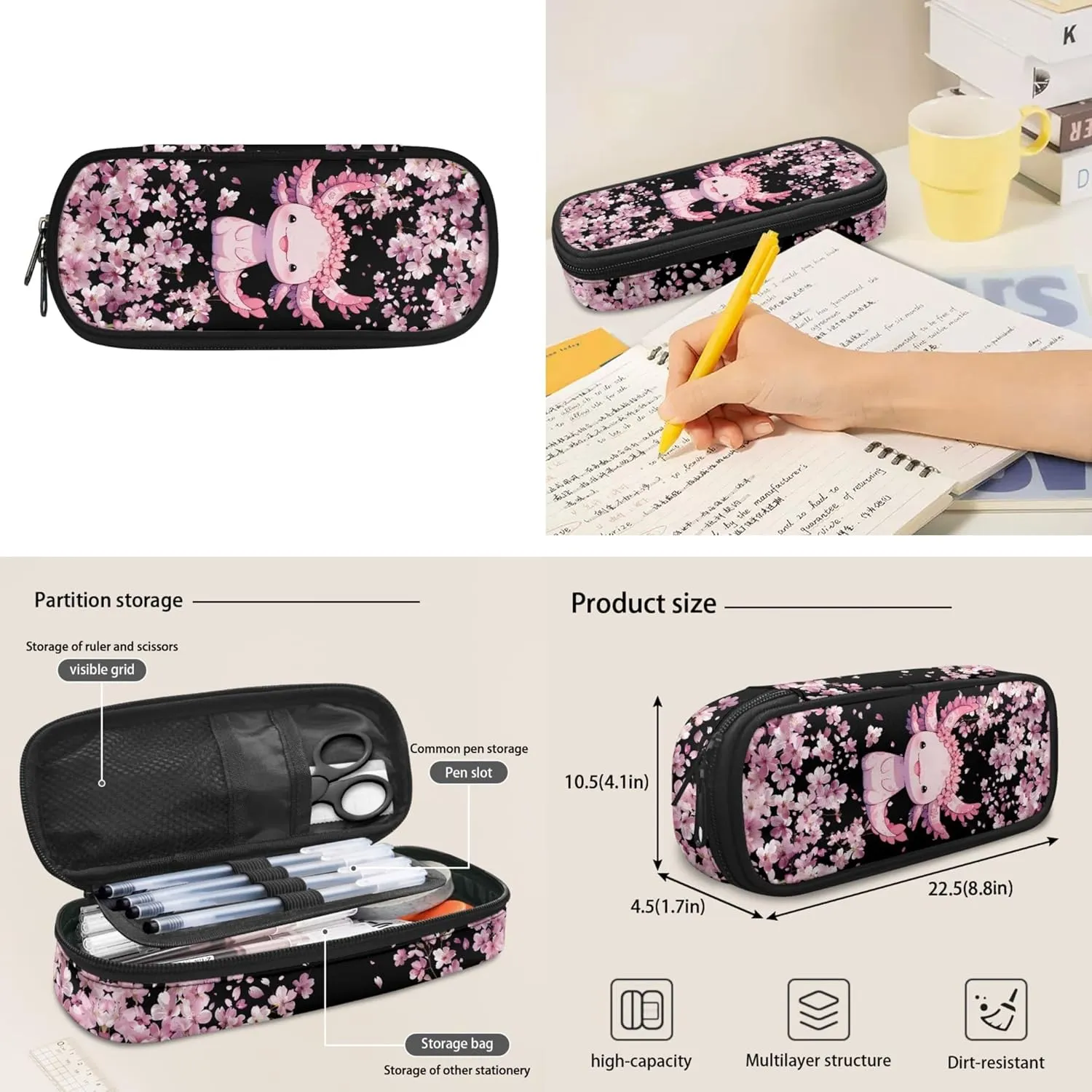 Xhuibop Axolotl Backpack and Lunch Box Set of 3 Cherry Blossom School Bags for Girls 7-10 Kids Bookbag with Lunch Box 17 Inch Pink Book Bags Children School Bag Pencil Case