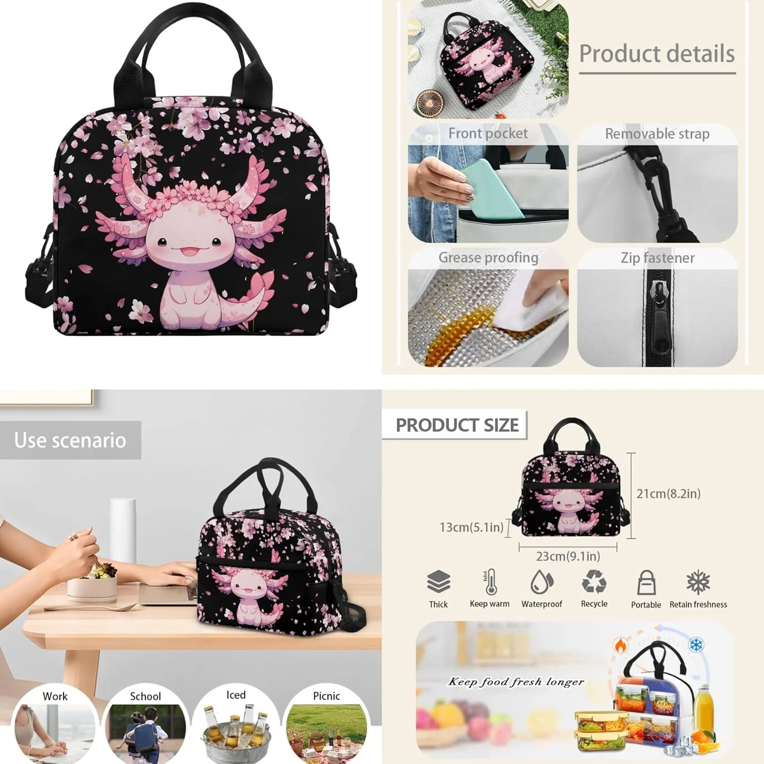 Xhuibop Axolotl Backpack and Lunch Box Set of 3 Cherry Blossom School Bags for Girls 7-10 Kids Bookbag with Lunch Box 17 Inch Pink Book Bags Children School Bag Pencil Case