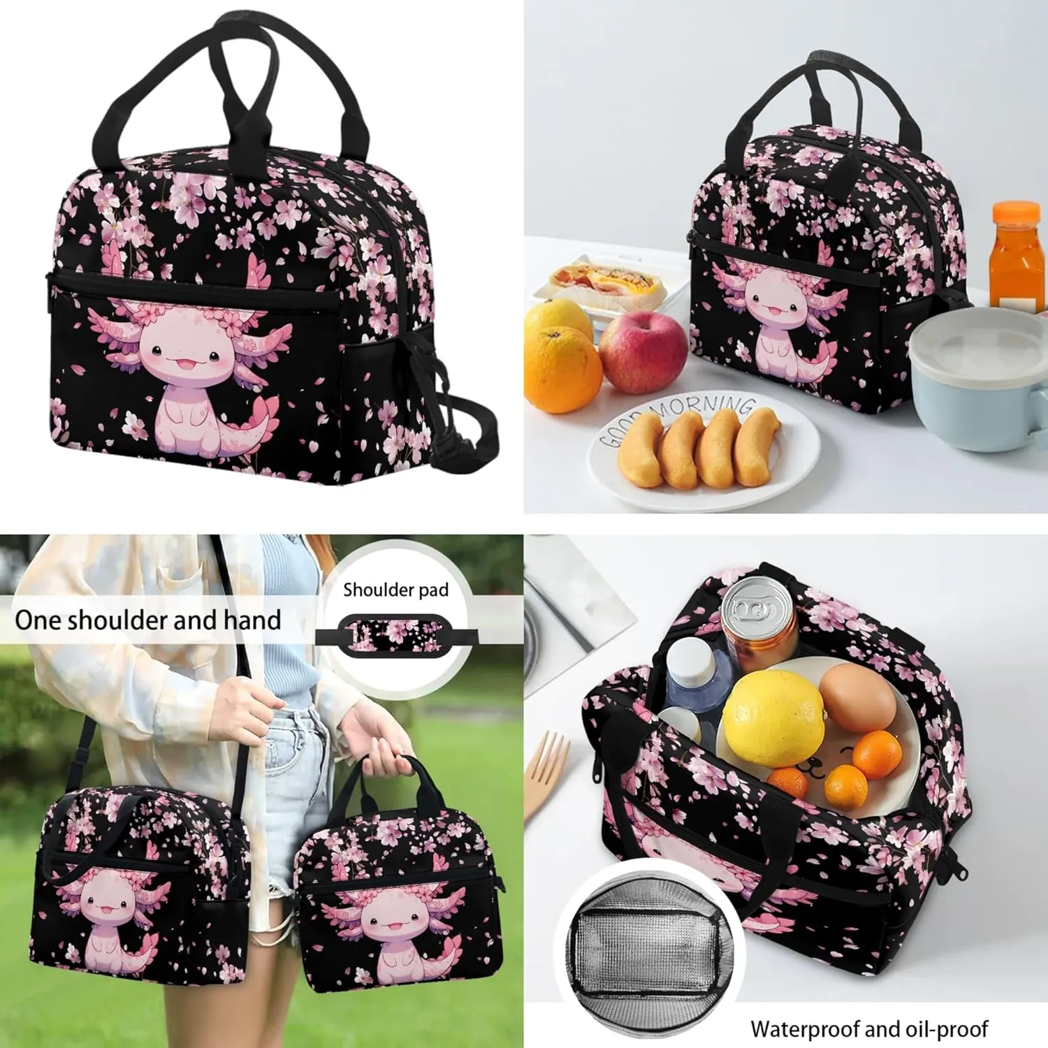 Xhuibop Axolotl Backpack and Lunch Box Set of 3 Cherry Blossom School Bags for Girls 7-10 Kids Bookbag with Lunch Box 17 Inch Pink Book Bags Children School Bag Pencil Case
