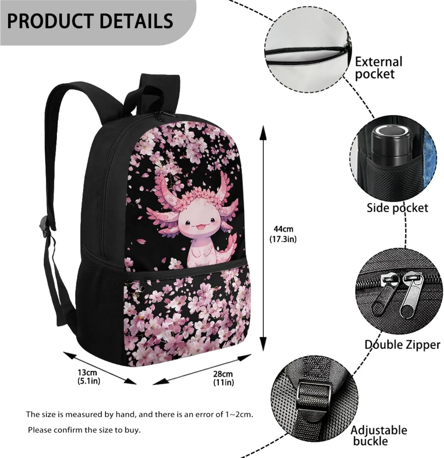 Xhuibop Axolotl Backpack and Lunch Box Set of 3 Cherry Blossom School Bags for Girls 7-10 Kids Bookbag with Lunch Box 17 Inch Pink Book Bags Children School Bag Pencil Case