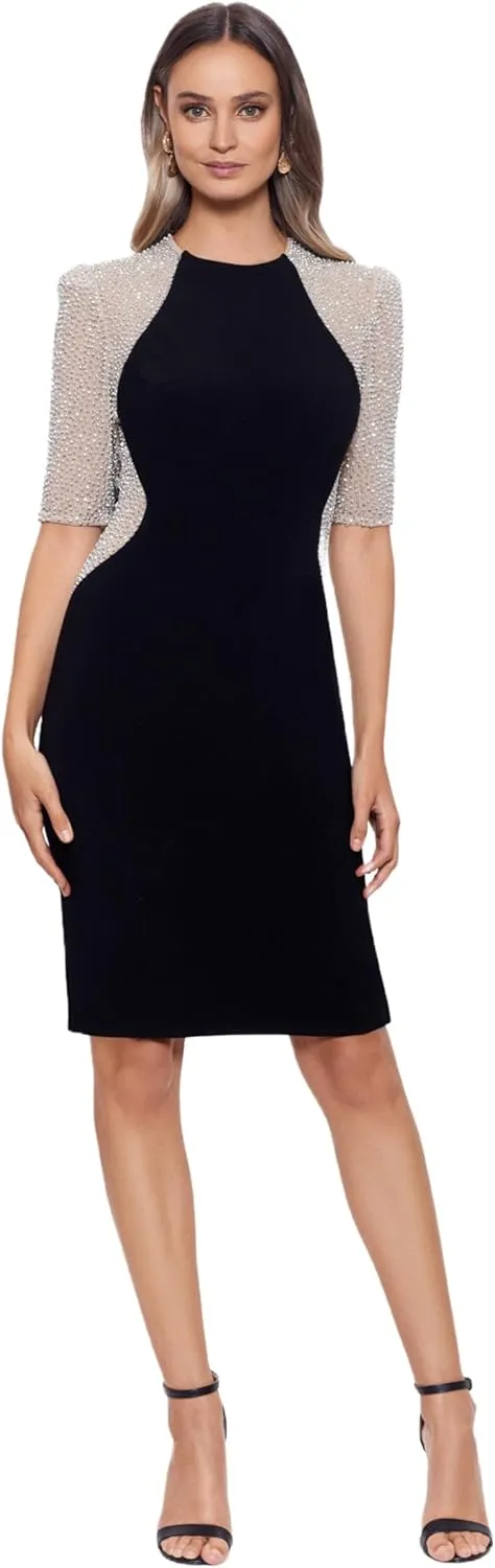 Xscape Women's Beaded Half Sleeve Knee Length Bodycon Cocktail Formal Dress