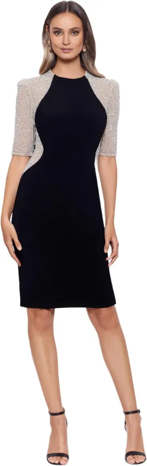 Xscape Women's Beaded Half Sleeve Knee Length Bodycon Cocktail Formal Dress