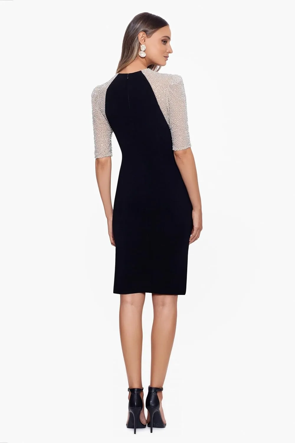 Xscape Women's Beaded Half Sleeve Knee Length Bodycon Cocktail Formal Dress