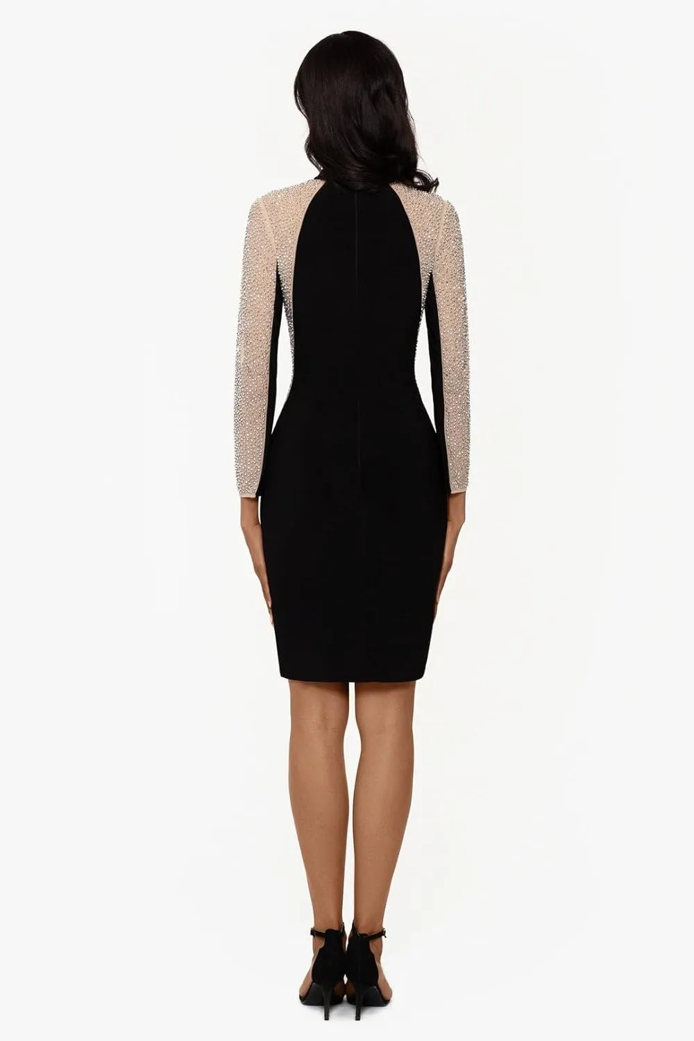 Xscape Women's Long Sleeve Knee Length Beaded Contour Choker Neck Dress