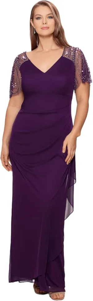 Xscape Women's Plus Size Long V-Neck Beaded Sleeve Jersey Dress