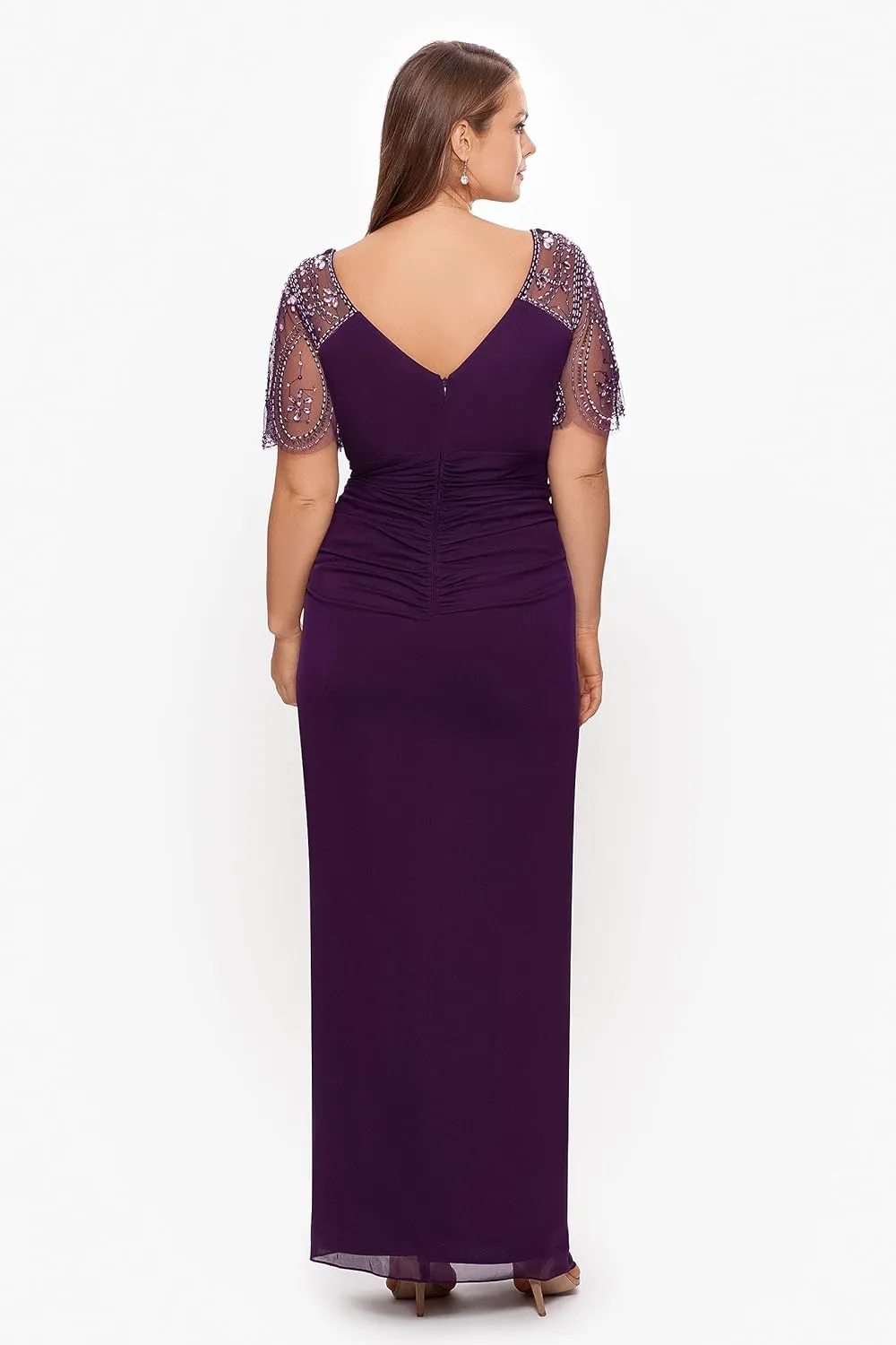 Xscape Women's Plus Size Long V-Neck Beaded Sleeve Jersey Dress