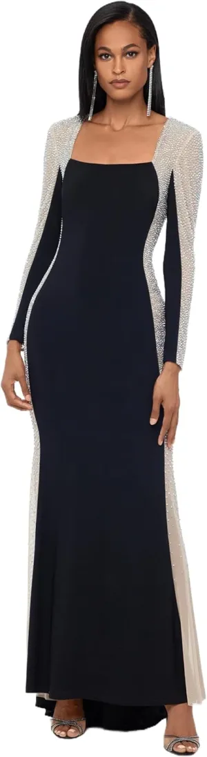 Xscape Women's Square Neck Long Sleeve Beaded Contour Gown