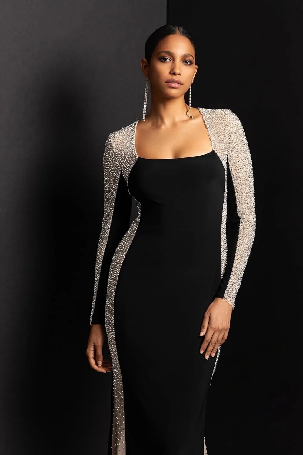 Xscape Women's Square Neck Long Sleeve Beaded Contour Gown