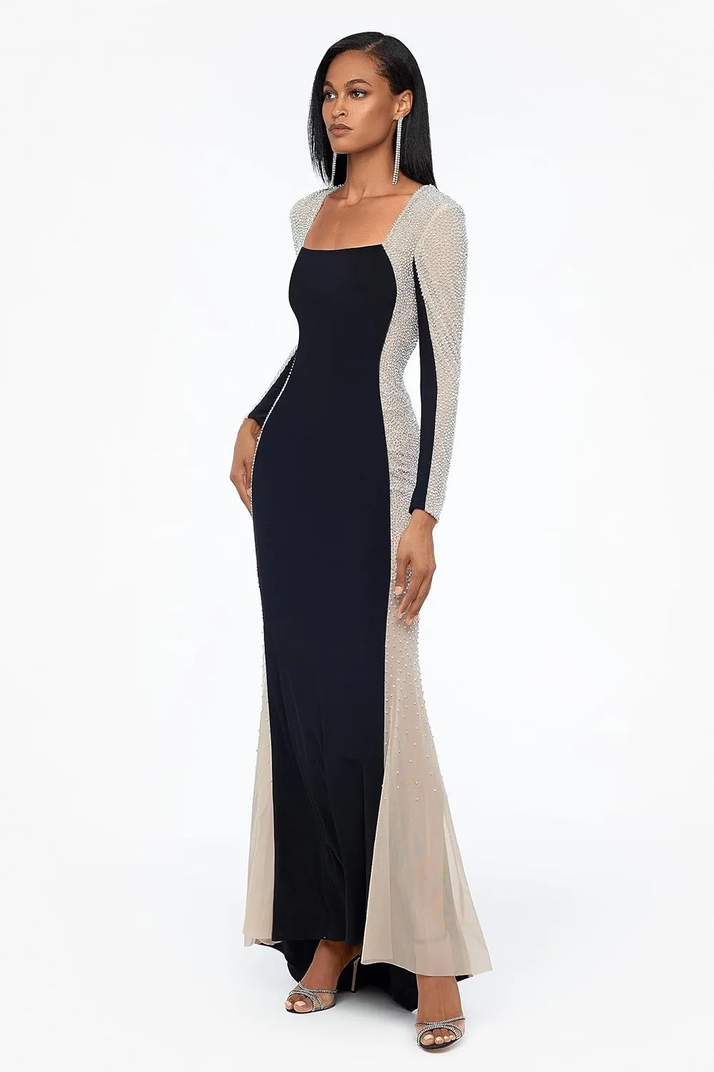 Xscape Women's Square Neck Long Sleeve Beaded Contour Gown