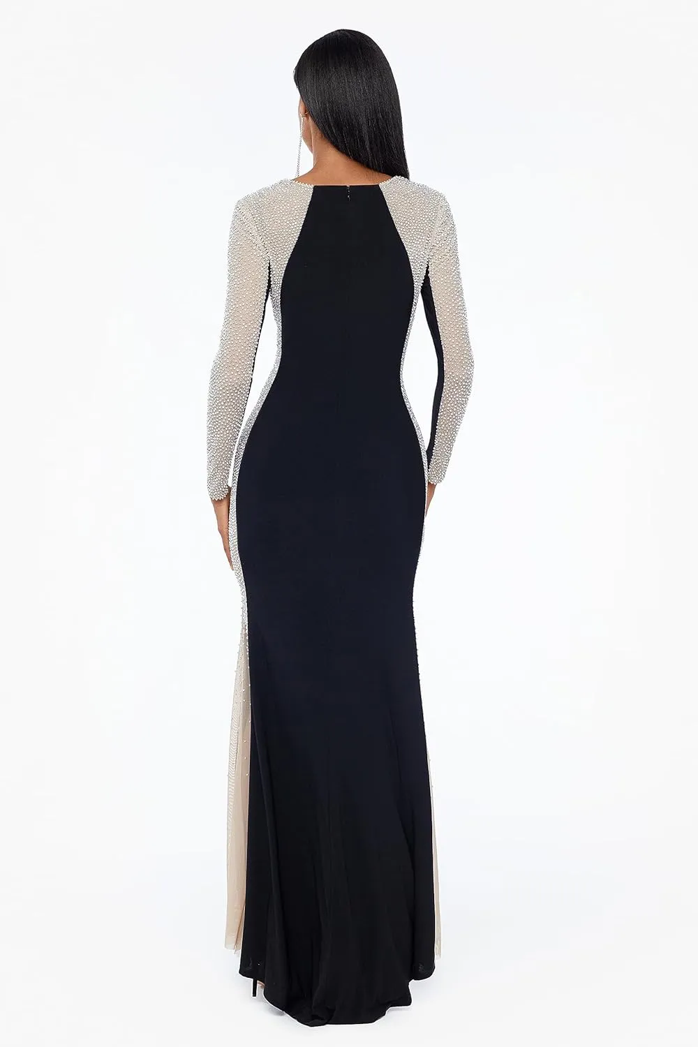 Xscape Women's Square Neck Long Sleeve Beaded Contour Gown