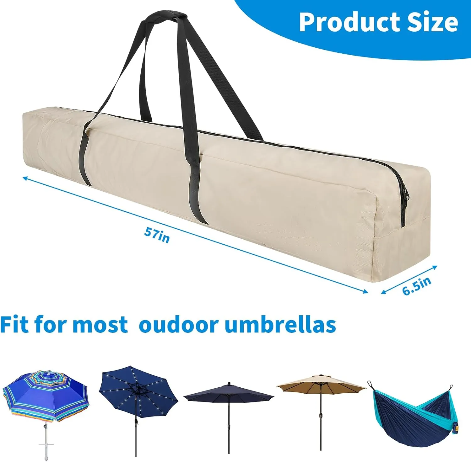 Xxerciz 57 Inch Carry Bag for 9ft Folding Beach Umbrella, 600D Waterproof Patio Umbrella Covers, Outdoor Heavy Duty Bag for Blissun, Sunnyglade, Sunshine, Tempera Patio Umbrella Storage (Beige)