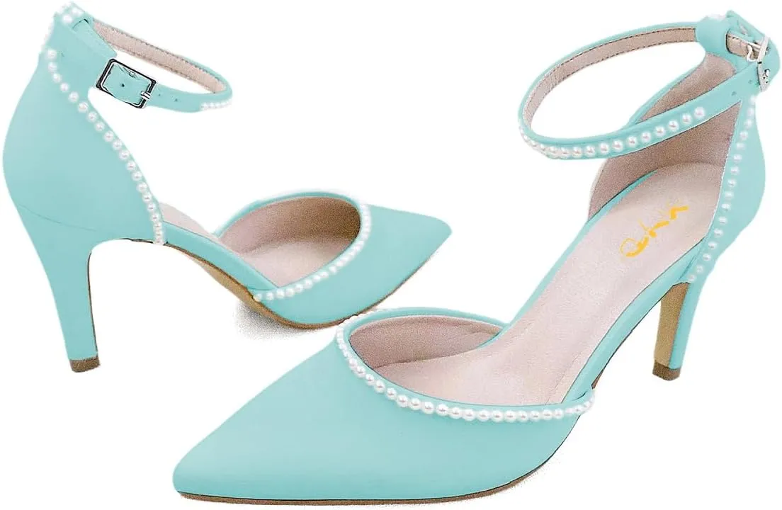 XYD Women Pearl Pointed Toe Ankle Strap Low Mid Heels D'Orsay Wedding Pumps Comfy Party Dance Shoes